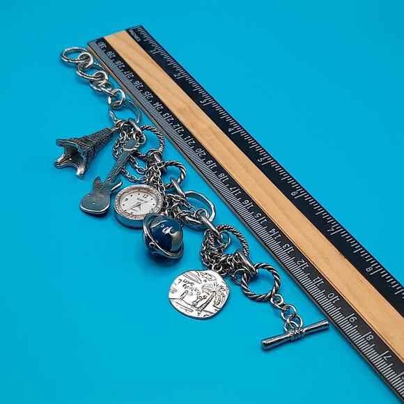 Vintage Charm Bracelet, Eiffel Tower, Globe, Guitar, Watch, 8 1/2" - Picture 10 of 10